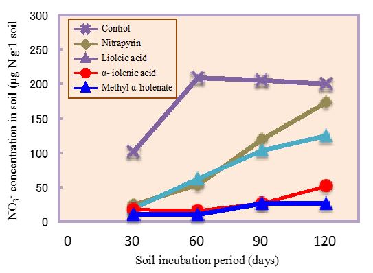 Fig. 3. Relative stability of the inhibitory effects on soil nitrification from linoleic acid, linolenic acid, methyl linoleate and nitrapyrin during 120-day incubation period at 20°C.