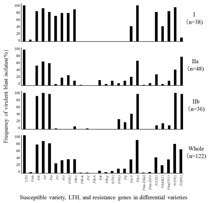 Fig. 1. Frequency of virulent blast isolates from Cambodia against differential varieties.