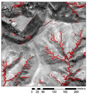 Fig. 1. Image overlay showing the gully erosion-affected areas (in red) extracted from satellite imagery