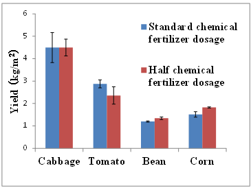 Fig. 2. Vegetable yields after chemical fertilizer application at standard and at half dosage rates in field experiments