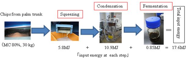 ig. 1. Total energy required for squeezing, condensation, and fermentation from chips of oil palm trunk (17.7MJ)
