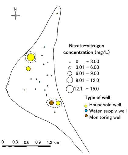 Fig. 2. Nitrate-nitrogen concentrations of groundwater in Laura Island (Feb. – Mar. 2011)Fig. 2. Nitrate-nitrogen concentrations of groundwater in Laura Island (Feb. – Mar. 2011)