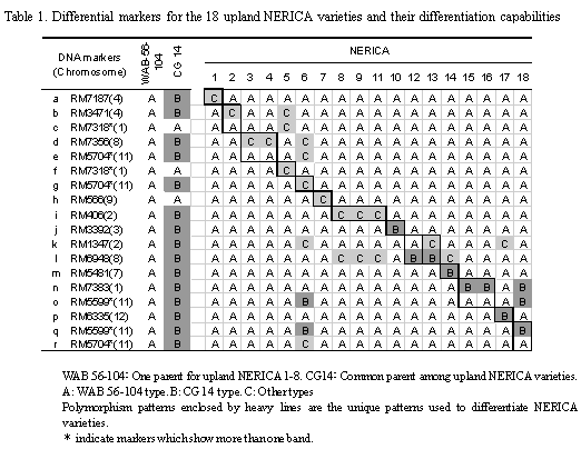 Table 1. Differential markers for the 18 upland NERICA varieties and their differentiation capabilities