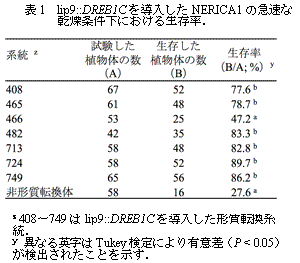 表1 lip::DREB1Cを導入したNERICA1の急速な乾燥条件下における生存率.