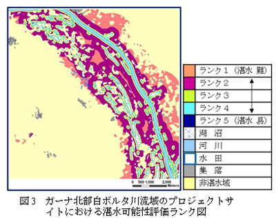 図3　ガーナ北部白ボルタ川流域のプロジェクトサイトにおける湛水可能性評価ランク図