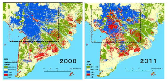 "Fig.2 Increase in triple rice cropping in the flood-prone area (dashed line shows the area of Fig.3) Blue：double cropping, Red：Triple cropping, Green：Forest and others","title"