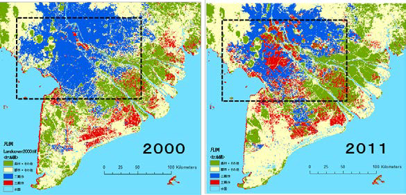 図2 洪水常襲地域の稲３期作の増加（破線は図３の領域）青：2期作、 赤：3期作、緑：森林・その他