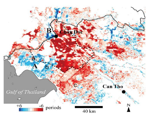 Fig.3 Comparison of inundation duration between 2000 and 2011 flood evaluated by NDWI of MODIS.