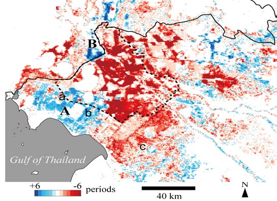 図3 MODIS画像のNDWI値から推定した2000年洪水と2011年洪水の湛水期間の比較