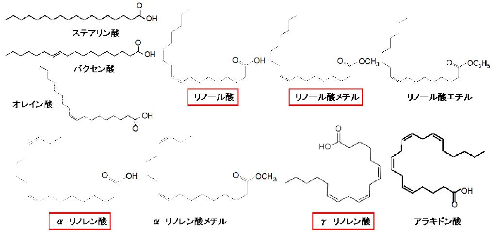 図1 各種脂肪酸および脂肪酸エステル（囲みのある物質に活性あり）