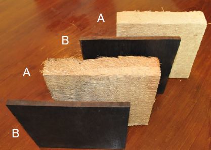 2 熱圧縮前のオイルパーム幹(A)と熱圧縮処理でできた圧縮板(B)