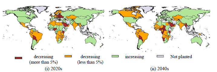 Fig. 3. Effects of climate change on wheat yield: differences between baseline and RCP6.0