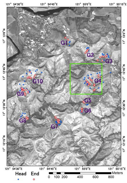 Fig. 2. Location map of gullies surveyed by BSWM (Green rectangle indicates spatial range shown in Fig. 1)