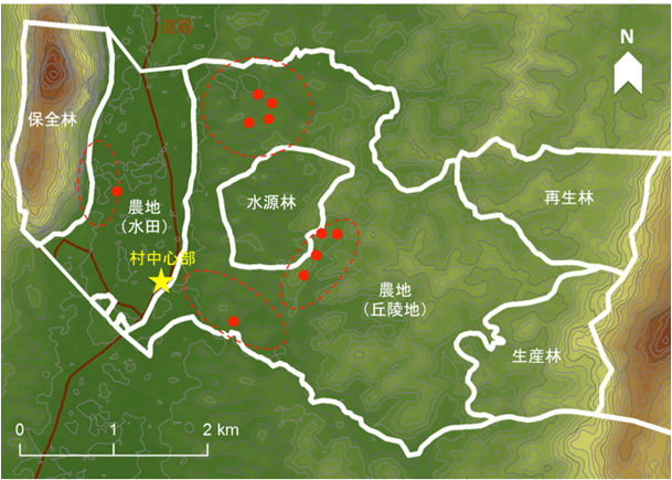図１　ビエンチャン県調査対象村の薪採取位置