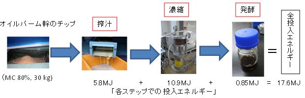 図１オイルパーム廃棄木からのエタノールを生産する際の搾汁、濃縮、発酵の各プロセスに要する投入エネルギー