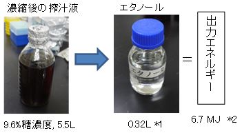 図２発酵により生産したエタノールの熱量（出力エネルギー）