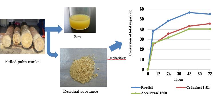 ig. 3. Time course for the hydrolysis of oil-palm trunk residues using P. rolfsii c3-2(1) IBRL enzyme and commercial enzymes based on the hydrolysis of total sugar conversion (%)