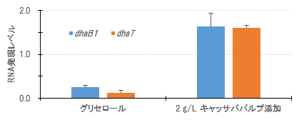 図3　リアルタイムPCRで確認したキャッサバパルプ添加（10時間後）による律速酵素グリセロール脱水酵素（dhaB2）と1,3-PD 脱水素酵素 (dhaT)のmRNA発現レベル。