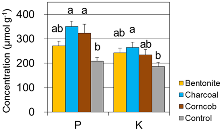 Fig. 4. Concentrations of phosphorus and potassium in teak leaves at the end of the experiment (July 2014)
