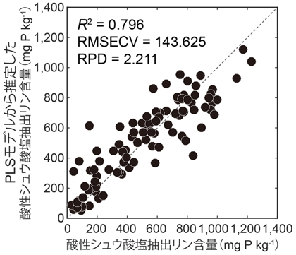図2 酸性シュウ酸塩抽出リン含量の実測値とPLSモデルによる推定値の関係