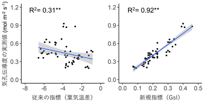 図2 従来の指標（葉気温差：左）と新規指標（GsI：右）の異なる気象条件の測定日における気孔伝導度との関係