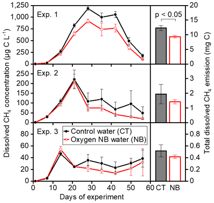 Fig. 3. Temporal shifts in dissolved CH4 concentrations (left panels) and the total emissions (right panels) in the three experiments