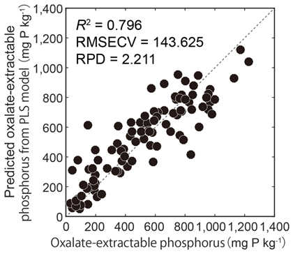 Fig. 2. Relationship between observed and predicted values of soil oxalate-extractable P using the PLS model RMSECV: Root mean squared errors of cross-validation using the leave-one-out method. RPD: Residual predictive deviation. The criteria for determin