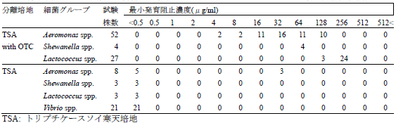 表1 集約養殖池のエビ類から分離した菌株におけるオキシテトラサイクリン最小発育阻害濃度