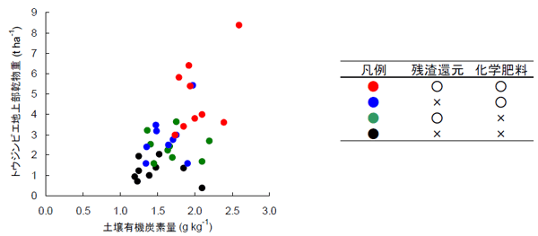 図３．トウジンビエ地上部乾物重と表層土壌の有機炭素量の関係