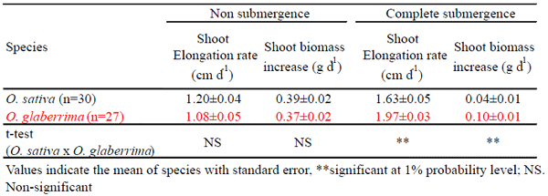 Table 1. Effect of submergence on shoot elongation and shoot biomass in the field experiment