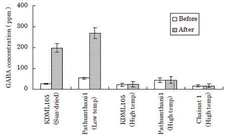 Fig. 2. Effect of thermal treatment on GABA formation among Thai rice varieties.