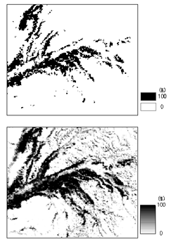 図1．画素単位の分類（上）と本手法（下）との 水稲作付域抽出の比較