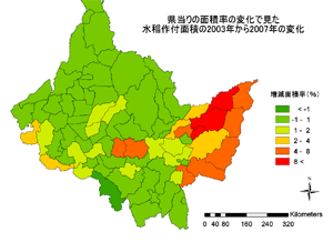 図4．黒龍江省における2003年から2007年の間の 県当りの水稲作付面積率の変化