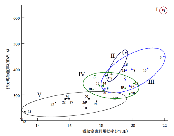 図１ 相対乾物重率（RDW）と吸収窒素の利用効率（PNUE）からみた品種グループの位置づけ