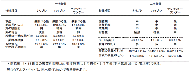 表1． 「ナリブシ」、「ハイブシ」および「ケンタッキーワンダー」の特性評価