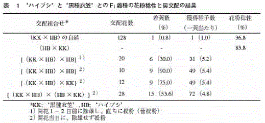 表1 'ハイブシ'と'黒種衣笠'とのF1雑種の花粉捻性と戻交配の結果