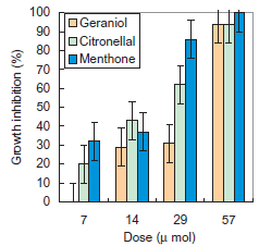 Fig. 1. Growth-inhibitory activity of geraniol, citronellal, and menthone against maize weevil.