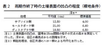 表2　雨期作終了時の土壌表面の凹凸の程度（裸地条件）