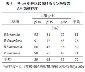 表3　各pH処理区におけるリン吸収のAM菌依存度