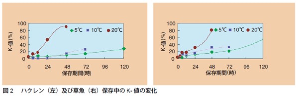 図2　ハクレン（左）及び草魚（右）保存中のK-値の変化