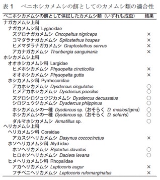 表1　ベニホシカメムシの餌としてのカメムシ類の適合性