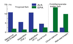 Fig. 1. ArA and EPA levels (%) of ovarian polar lipids in tropical fish in the Philippines, cold-water fish and temperate water fish.