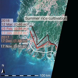 Fig. 4. The 1 ppt salt concentration lines during the dry season