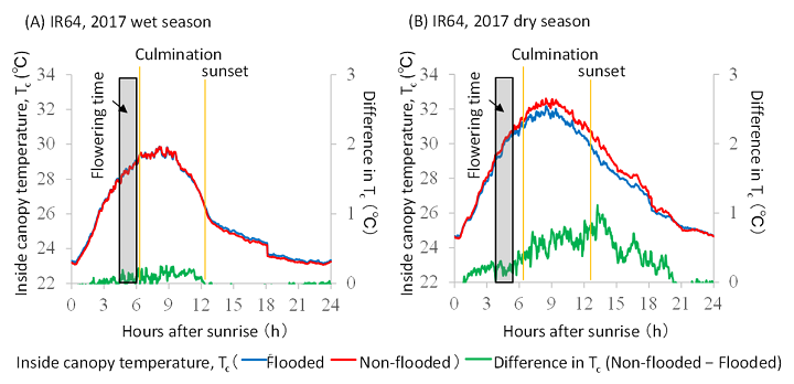 Figure 1. Diurnal changes in inside-canopy temperature (Tc) in the Flooded and Non-flooded water management and the Tc differences between these two management schemes for IR64 in the 2017 wet seasons and 2017 dry seasons 