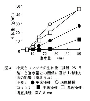 図4 小麦とコマツナの生体重（播種25日後）と潅水量との関係に及ぼす播種方位の影響（南北うね）