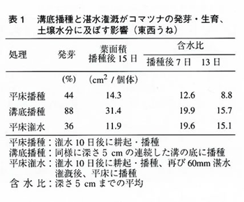 表1 溝底播種と潅水灌漑がコマツナの発芽・生育、土壌水分に及ぼす影響（東西うね）