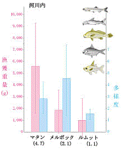 図1 マレーシア・マングローブ汽水域における漁獲量と魚類多様度