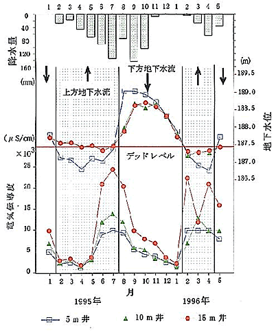 図3 A5ステーションの地下水位、電気伝導度変化図
