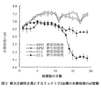 図2 鉄欠乏耐性を異にするリョクトウ2品種の水耕培地のpH変動