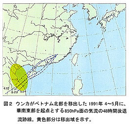 図2 ウンカがベトナム北部を移出した1991年4～5月に、華南東部を起点とする850hPa面の気流の48時間後退流跡線